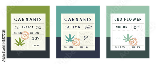 Set of Vintage Cannabis labels. Cannabis, marijuana packaging design. Cannabis Sativa, Indica, CBD flower. Vintage old labels design. Vector illustration