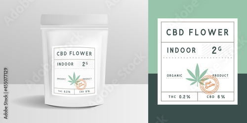 Medical Cannabis zip package, pouch mockup. Vintage trendy label, sticker template. CBD Flower zip package design. Zipper mockup template for logo, brand, sticker, label. Vector illustration