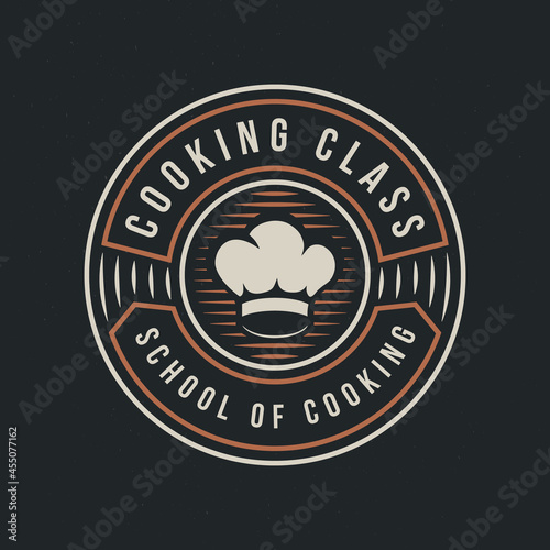 Cooking vintage logo. Cooking Class logo with Chef cap. Vintage label template. Logo, badge, emblem for food studio, cooking courses, culinary school. Vector illustration