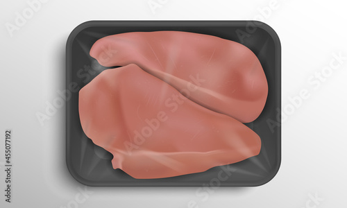 Vector Meat plastic container mockup. Realistic chicken breast meat. 3d Chicken fillet in plastic box with with transparent film. Templates for supermarket, grocery store, butchery shop.