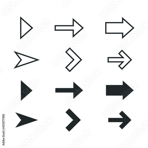 Set of different next arrow icon. Lined and filled arrow signs for web and mobile app design in eps10