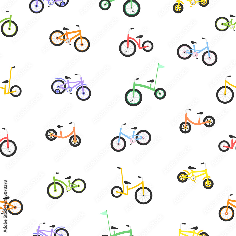 Cute child bicycles seamless pattern. Kids colorful bikes texture. Sport vehicle concept. Vector illustration isolated on white Cute child bicycles seamless pattern. Kids colorful bikes texture. Sport vehicle concept. Vector illustration isolated on white
