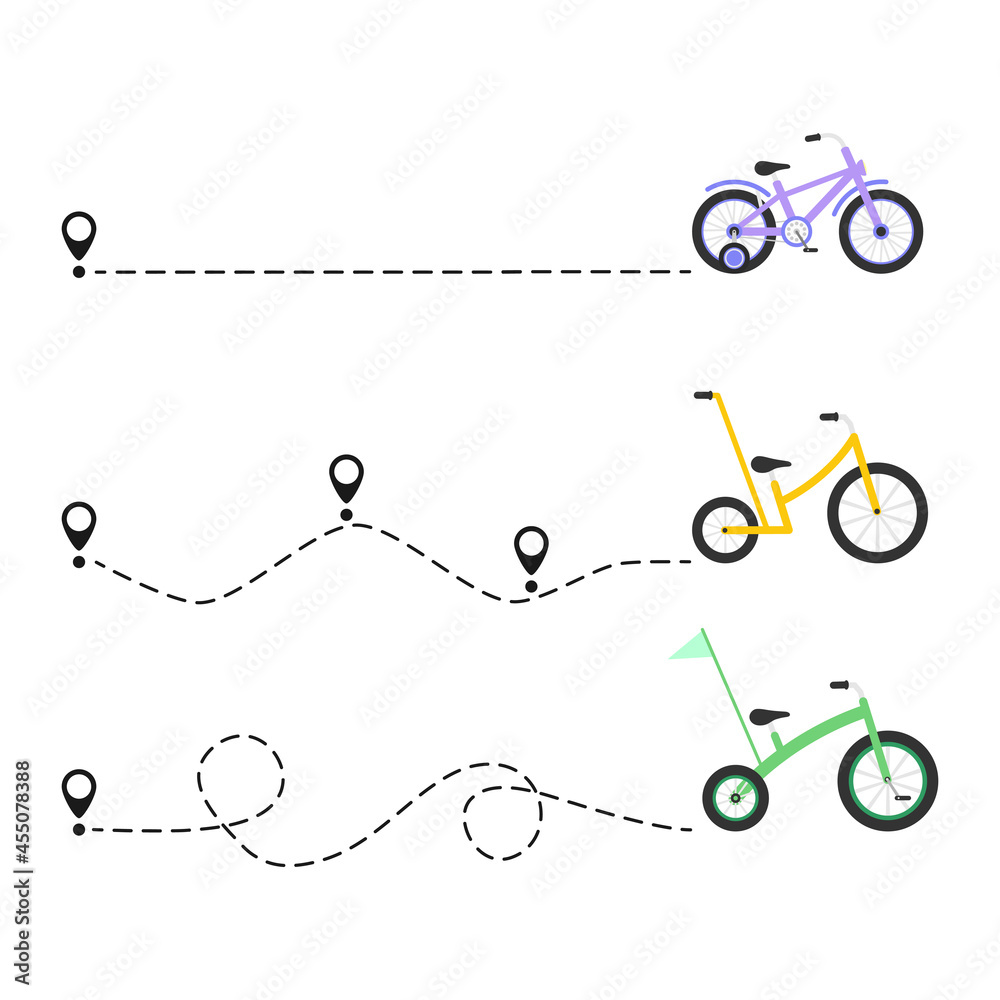 Cute colorful bicycles with start location pin. Different color bikes. Healthy lifestyle. Travel concept. Vector illustration isolated on white Cute colorful bicycles with start location pin. Different color bikes. Healthy lifestyle. Travel concept. Vector illustration isolated on white
