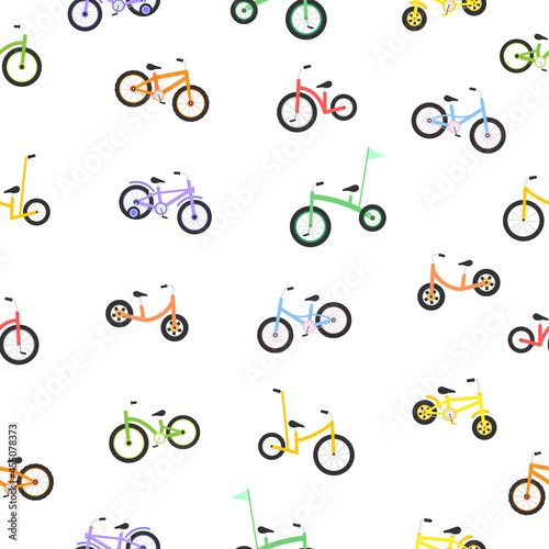 Cute child bicycles seamless pattern. Kids colorful bikes texture. Sport vehicle concept. Vector illustration isolated on white