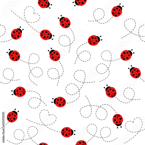 Cute ladybug icon set seamless pattern. Ladybugs flying on dotted route. Cartoon ladybirds with open wings. Vector isolated on white background.