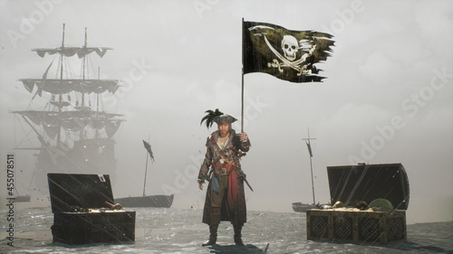 A pirate stands next to a pirate flag and treasure chests on his island. The man was created using 3D computer graphics. 3D rendering. The image is ideal for pirate backgrounds.