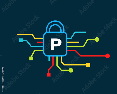 Cyber Security logo with P letter concept. P letter logo for Cyber Protection, technology, biotechnology and high tech