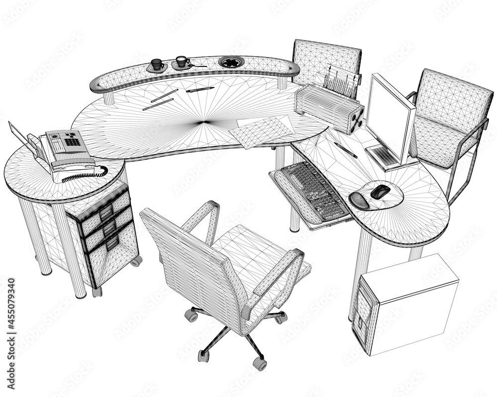 Wireframe of office worker workplace with computer, monitor, telephone and other from black lines isolated on white background. 3D. Vector illustration Wireframe of office worker workplace with computer, monitor, telephone and other from black lines isolated on white background. 3D. Vector illustration