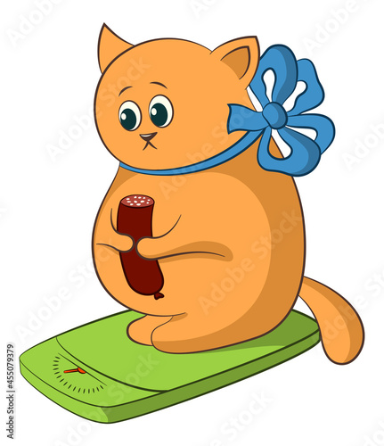 Cartoon Fat Cat Weigh Yourself on the Scale and Eat Sausage. Vector
