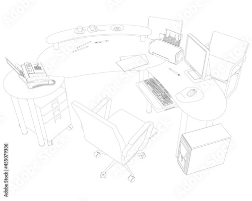 The contour of the workplace of an office worker with a computer, monitor, phone and other from black lines isolated on a white background. Perspective view. Vector illustration