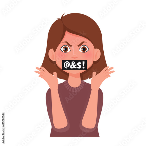 Female using foul language and swear words. Vector Illustration.