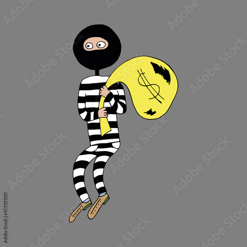 The thief is a swindler in striped clothes. A thief robbed a bank. The scammer is holding a bag of money in his hands. Vector. Doodles. Funny character in cartoon style. Isolated