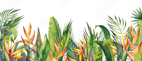 Horizontal border with tropical heliconia, strelitzia flowers and palm leaves. Bird of paradise flowers. Watercolor illustration on white background. photo