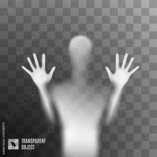 Shadow Blur of Horror Man Behind the Matte Glass. Blurry Hand, Body Figure Abstraction, and Two Palms. The Reflection of the Silhouette Through the Light. Illustration on Transparent Background