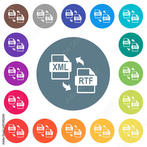XML RTF file conversion flat white icons on round color backgrounds
