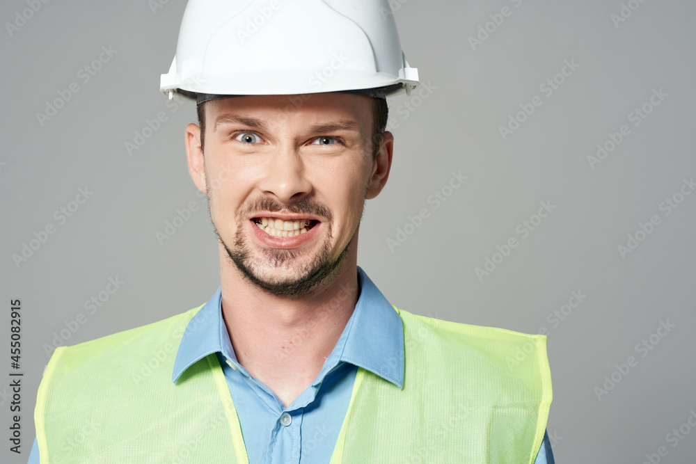 man reflective vest protection Working profession isolated background