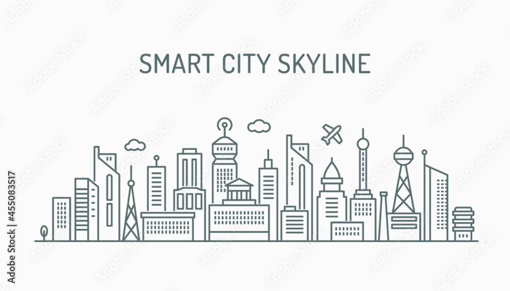 Vector smart city skyline linear panorama with modern buildings for website