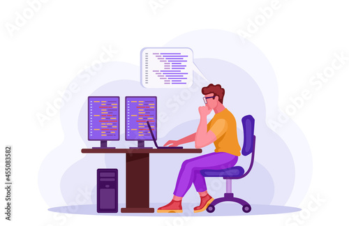 Programming concept. A male programmer sits at a table and works at a computer, creates a program code. Color vector flat illustration isolated on white background.