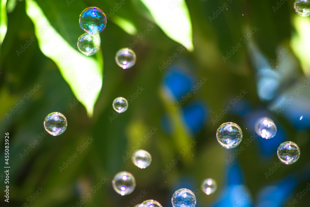 Water bubbles floating and falling on green leaves