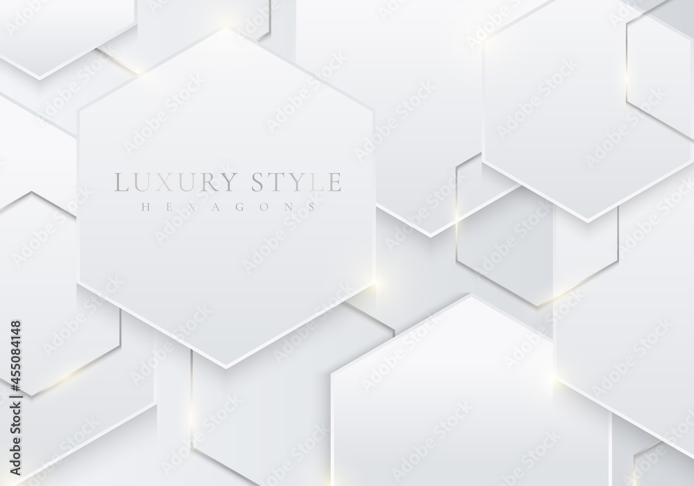 Abstract 3D white geometric hexagonal overlapping layered with lighting on clean background luxury style