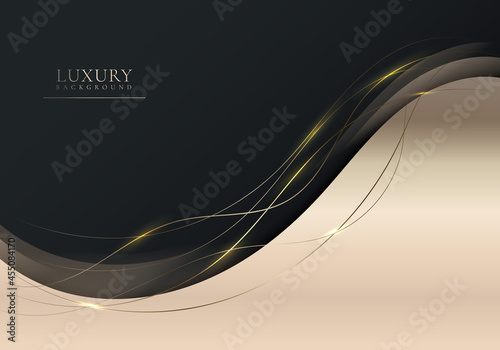 Abstract elegant shiny golden gradient wave shape with gold wave line and lighting on black background luxury style