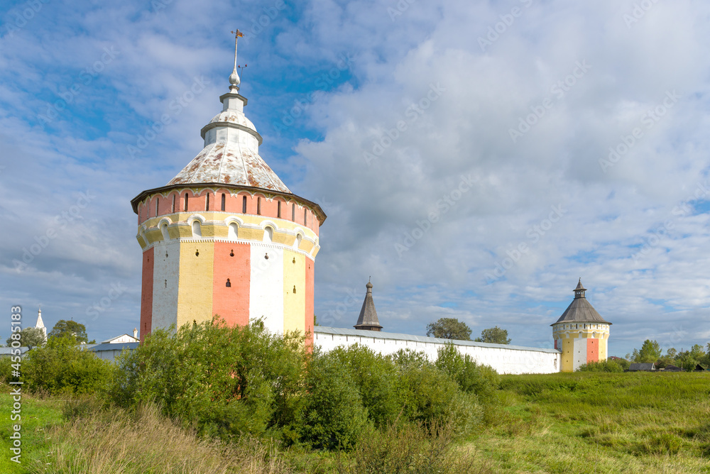The multi-colored towers of the ancient Spaso-Prilutsky Dimitriev Monastery on a sunny August day. Vologda, Russia