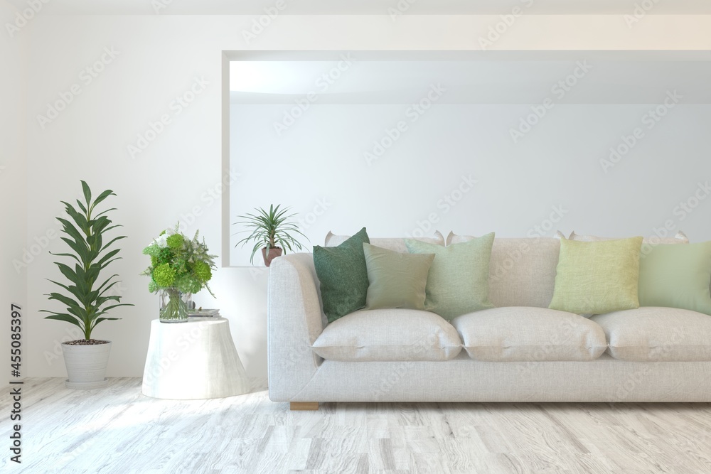 Naklejka premium White living room with sofa. Scandinavian interior design. 3D illustration