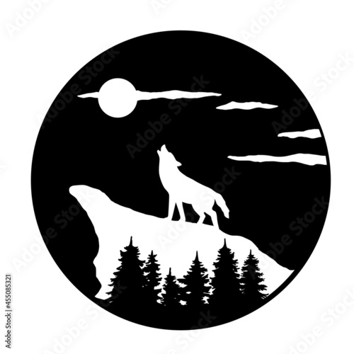 Silhouette of wolf howling at moon on mountain with pine trees . Landscape in circle. The illustration is isolated on white background. The Vector logo wolf for T-shirt design or outwear.