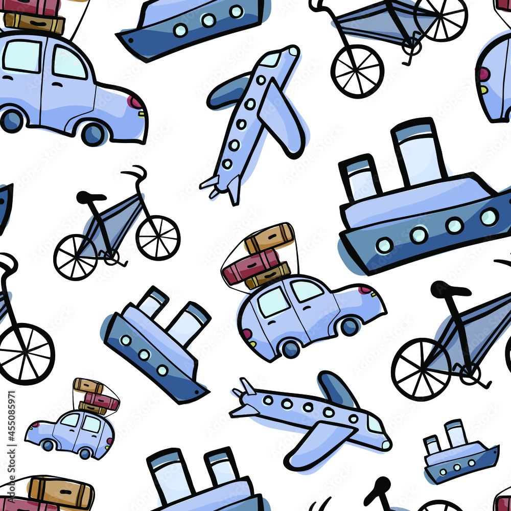 Vector seamless pattern of transport: bike, car, ship, plane