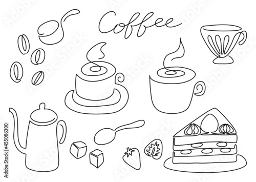 一筆書き　コーヒーと珈琲豆とカフェグッズ（白黒、モノクロ）