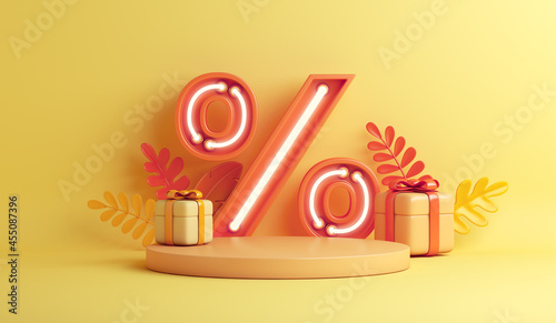 Autumn sale background with neon light percent symbol, orange leaves display podium gift box, copy space text, 3D rendering illustration
