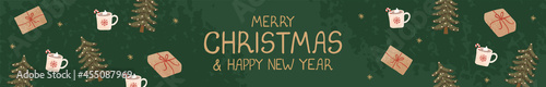 Vector banner with hand drawn doodle illustrations of christmas objects as gifts box, christmas tree. Horizontal Christmas header for website template