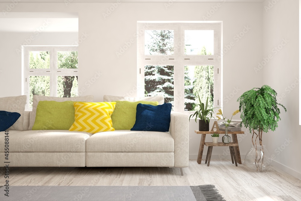 Fototapeta premium White living room with sofa and summer landscape in window. Scandinavian interior design. 3D illustration