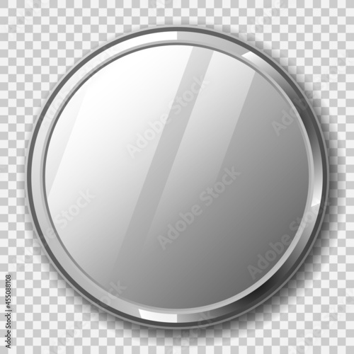 Realistic round mirror with metal frame on transparent background