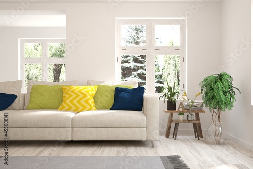 White living room with sofa and summer landscape in window. Scandinavian interior design. 3D illustration