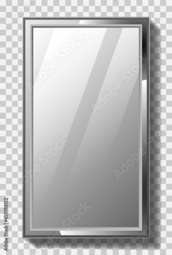 Realistic rectangle mirror with metal frame on transparent background