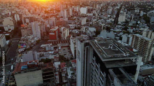 Aerial view of high tower heliport and the city at sunset in Buenos Aires