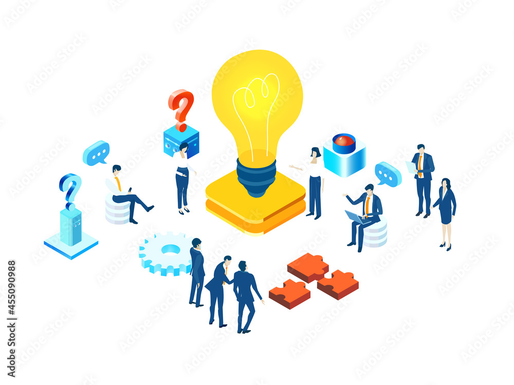Isometric environment design with lots of business people working in office next to light bulb, analizing data, solving problems, finding solutions, bankers, lawyers, office managers Isometric environment design with lots of business people working in office next to light bulb, analizing data, solving problems, finding solutions, bankers, lawyers, office managers