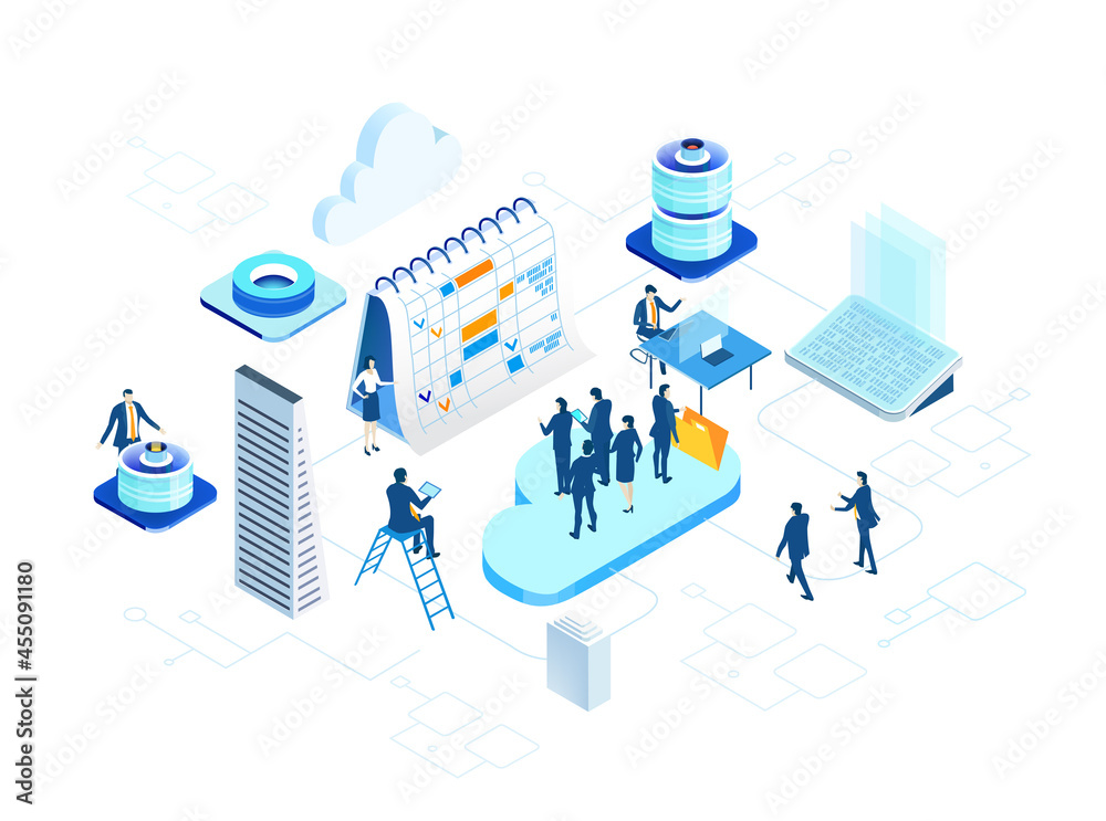 Isometric environment design with  business people working in Server Room next to calendar.  People trying to find solution, competition, constant improvement. Solving problems. Time is money