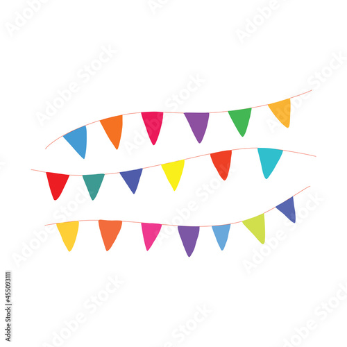 Festive garland of multicolored flags. Cute vector illustration drawn in doodle style. Festive decor, isolated on white background 