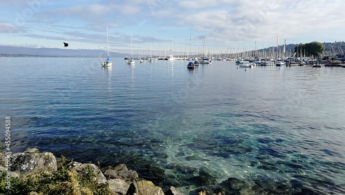 Beautiful view of Lake Geneva and yachts, Switzerland