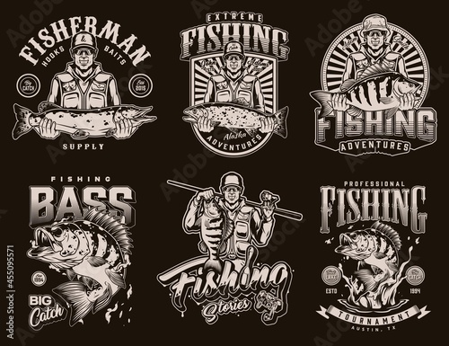 Fishing monochrome labels collection