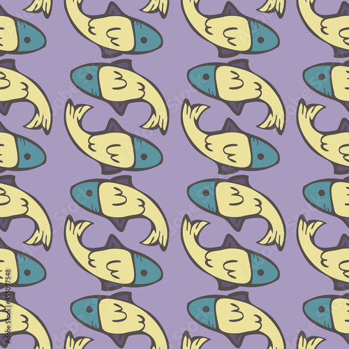 Vector seamless pattern with geometrically arranged fish. Design with fish in cartoon style.