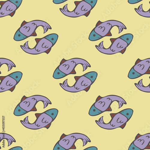 Vector seamless pattern with pairs of fish. Contrast design with fish.