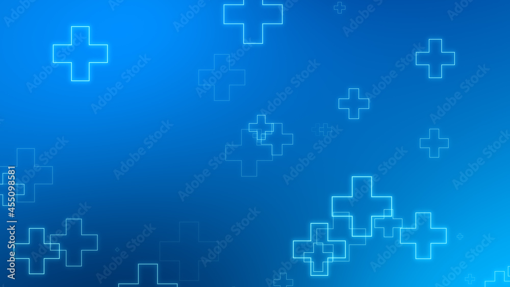 Medical health blue cross neon light shapes pattern background. Abstract healthcare technology and science concept.