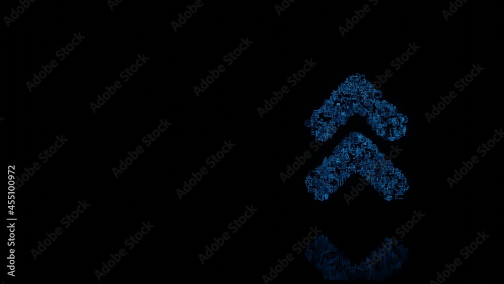 3d rendering mechanical parts in shape of symbol of angle double up isolated on black background with floor reflection 3d rendering mechanical parts in shape of symbol of angle double up isolated on black background with floor reflection