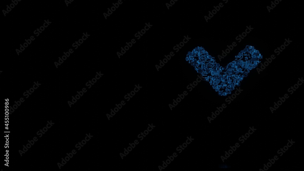 3d rendering mechanical parts in shape of symbol of angle down isolated on black background with floor reflection 3d rendering mechanical parts in shape of symbol of angle down isolated on black background with floor reflection
