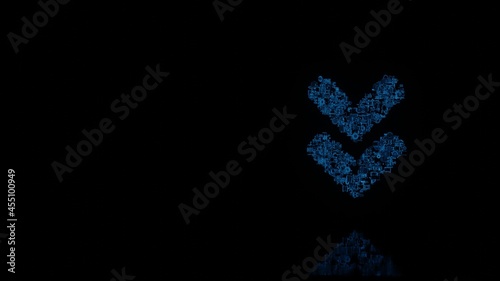 3d rendering mechanical parts in shape of symbol of angle double down isolated on black background with floor reflection