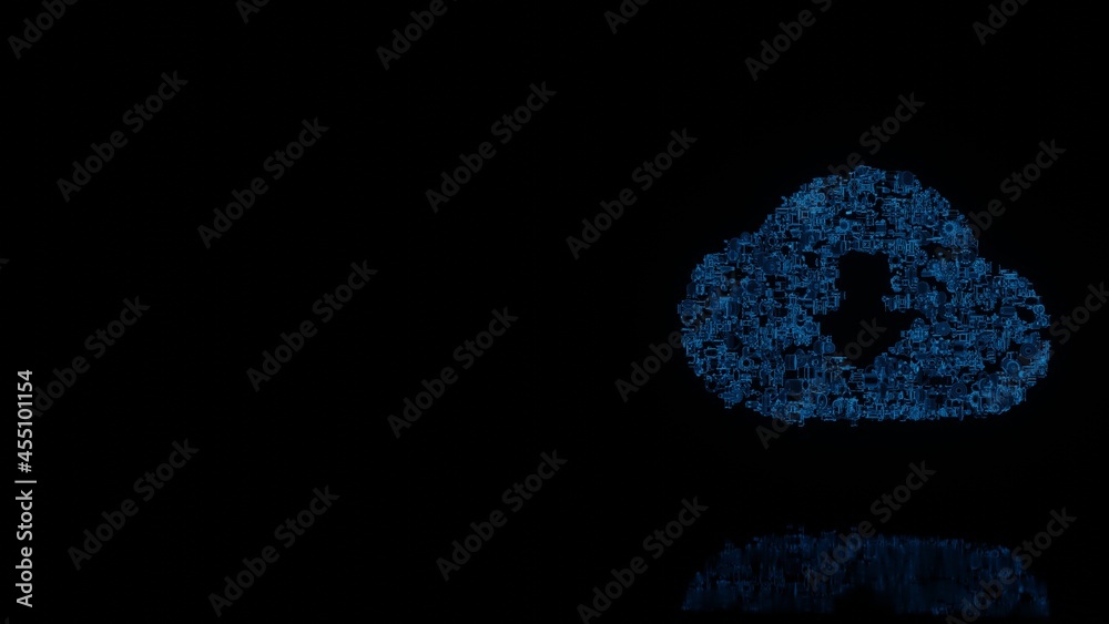 3d rendering mechanical parts in shape of symbol of cloud download isolated on black background with floor reflection 3d rendering mechanical parts in shape of symbol of cloud download isolated on black background with floor reflection