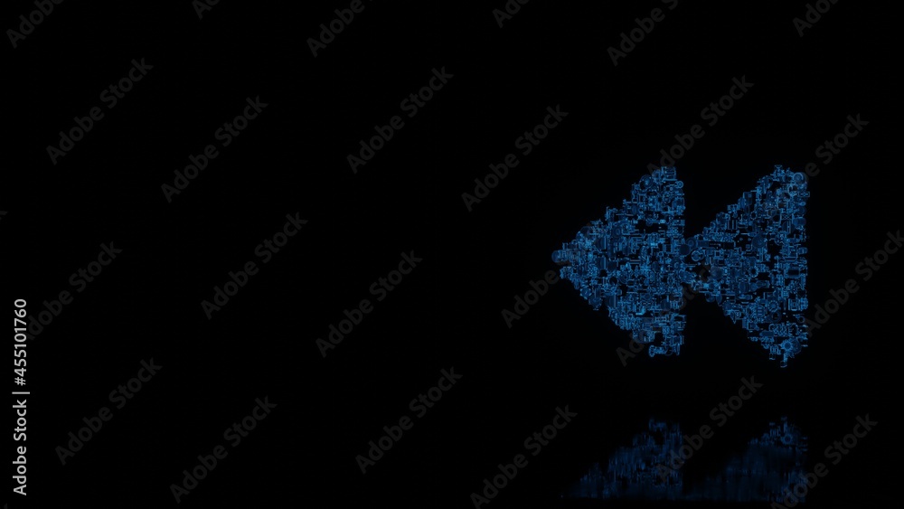 3d rendering mechanical parts in shape of symbol of backward isolated on black background with floor reflection 3d rendering mechanical parts in shape of symbol of backward isolated on black background with floor reflection